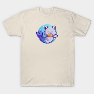 Cute Cat Mermaid Bite Fish Cartoon T-Shirt